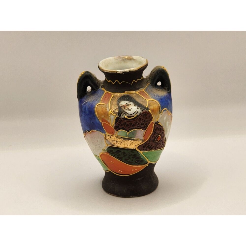 Japan Satsuma Style Mini Double Handle Vase Geisha Figural Blue Black Gold Gilt